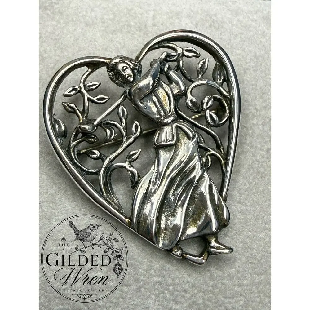 Vintage H&H Sterling Silver Lady Golfer Heart Brooch Pin Art Nouveau Golf Gift